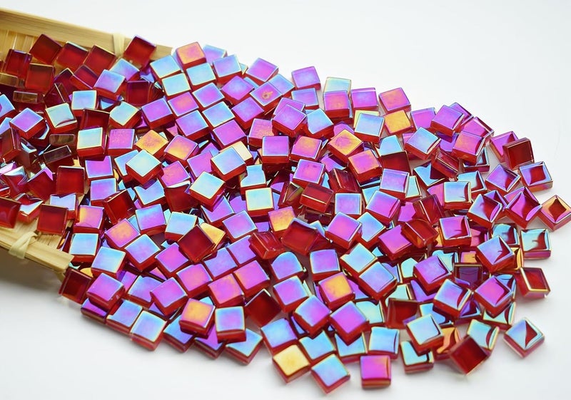CHICSHIS 0.66lbs Ruby Red Iridescent Mosaic Tiles, 3/8" Square Glass Pieces With Smooth Edges, Ideal for Making Supplies, Small Colored Glass Tiles for DIY Coaster Projects - Image 3